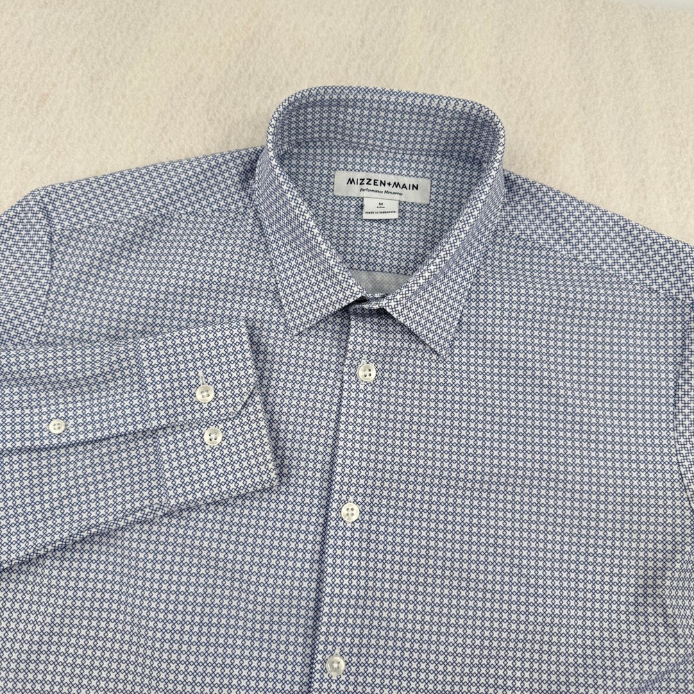 Mizzen+Main Mens M Trim Fit Performance Long Sleeve Dress Shirt Blue Geometric